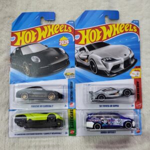 Hot Wheels Porsche, Lamborghini, Toyota, Honda Combo (Pack of 4)